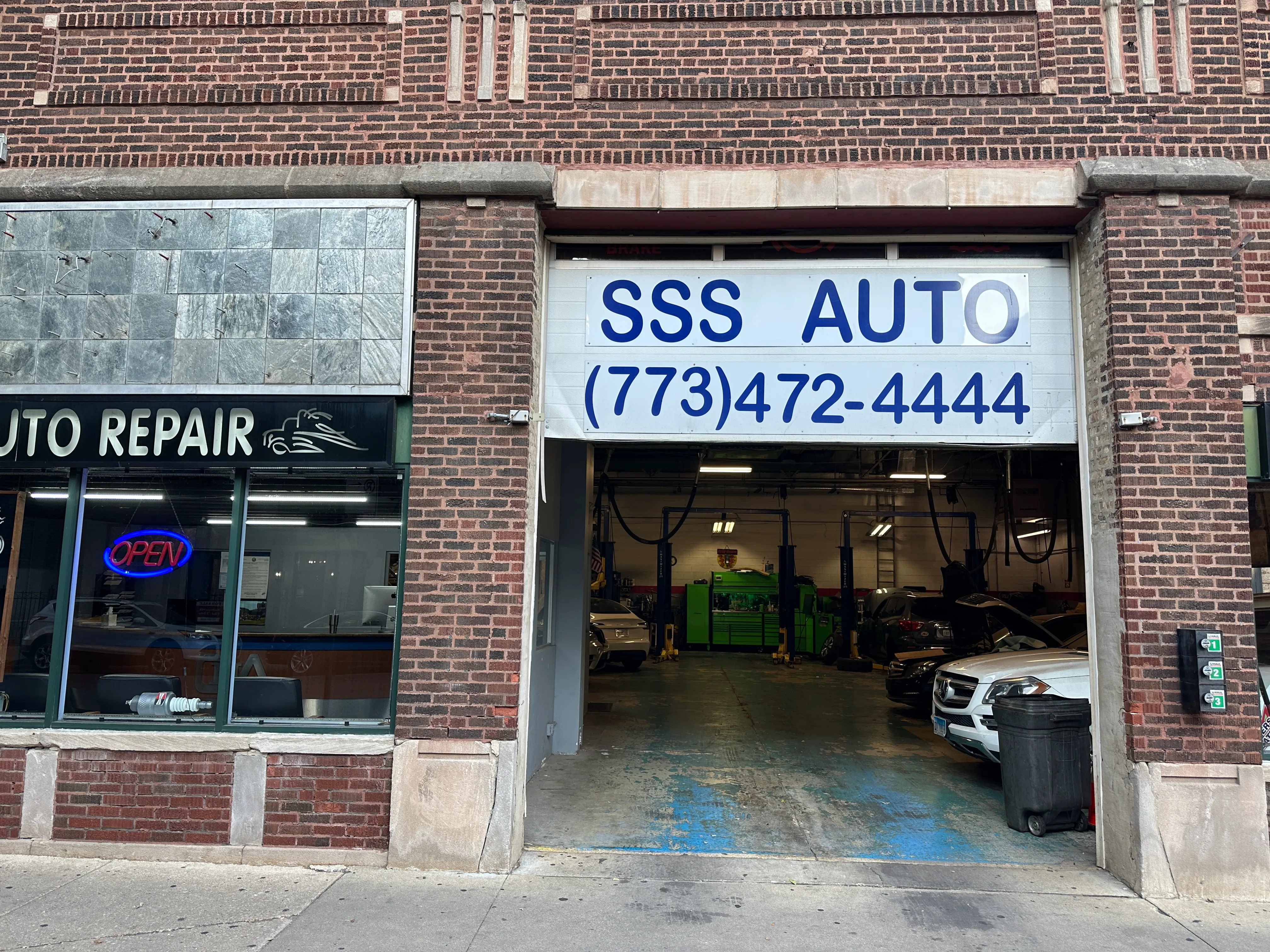 Exterior view of SSS Auto Repair shop on Sheffield Avenue