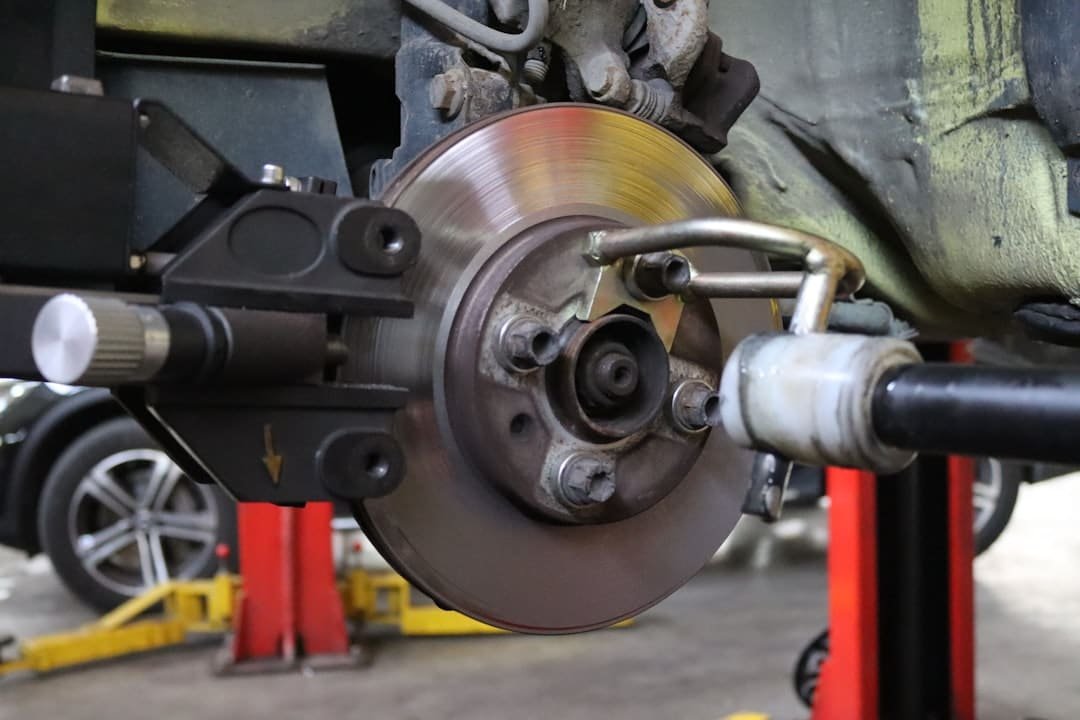 Brake rotor being serviced on a professional brake lathe