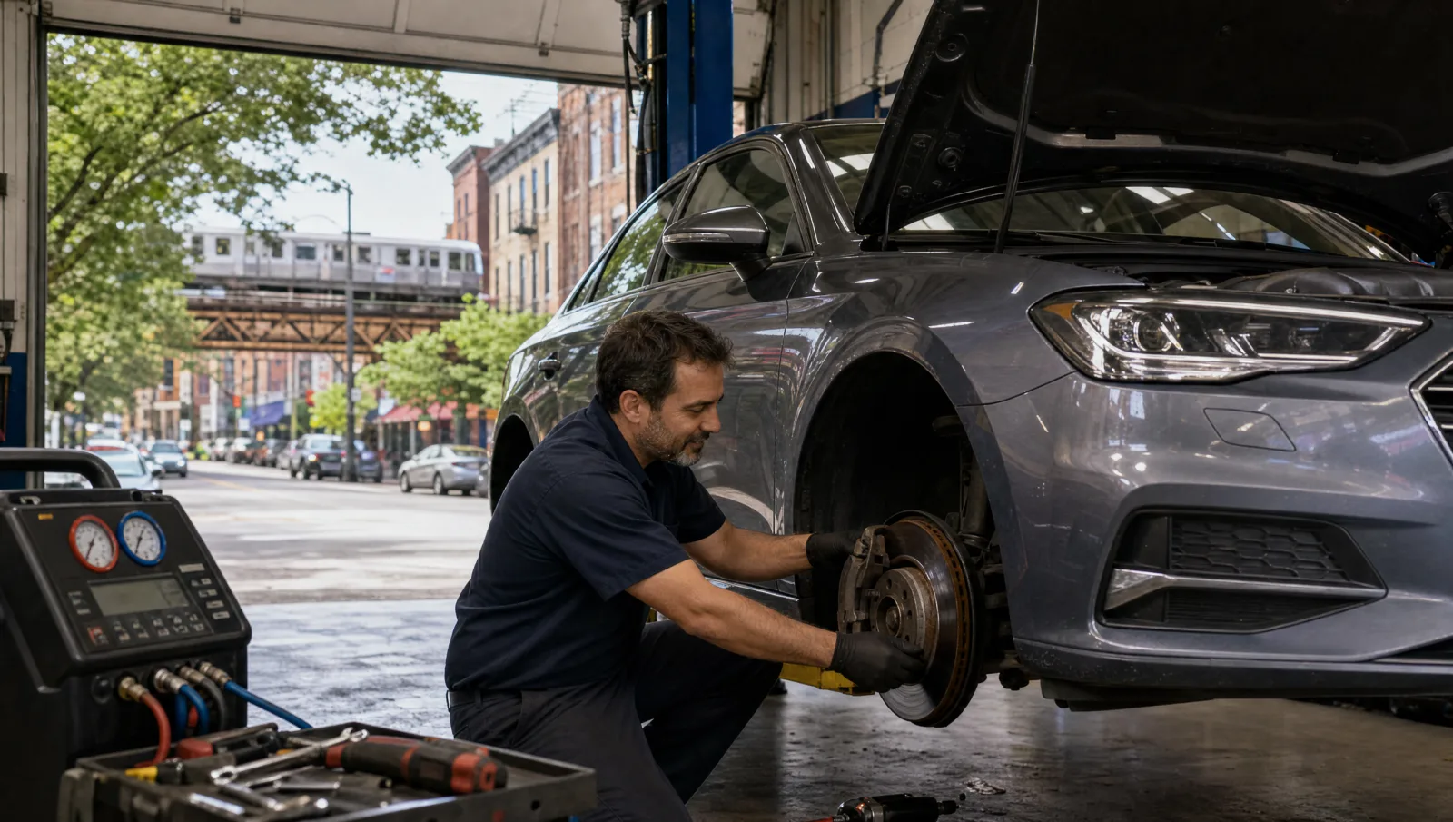 Mechanic inspecting a sedan’s brakes inside a Chicago North Side auto repair shop near Lakeview and Wrigleyville