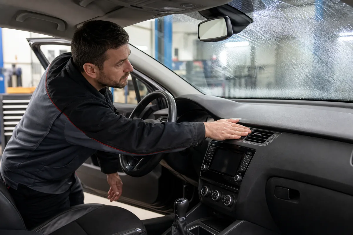 Automotive technician testing dashboard heat and windshield defrost airflow