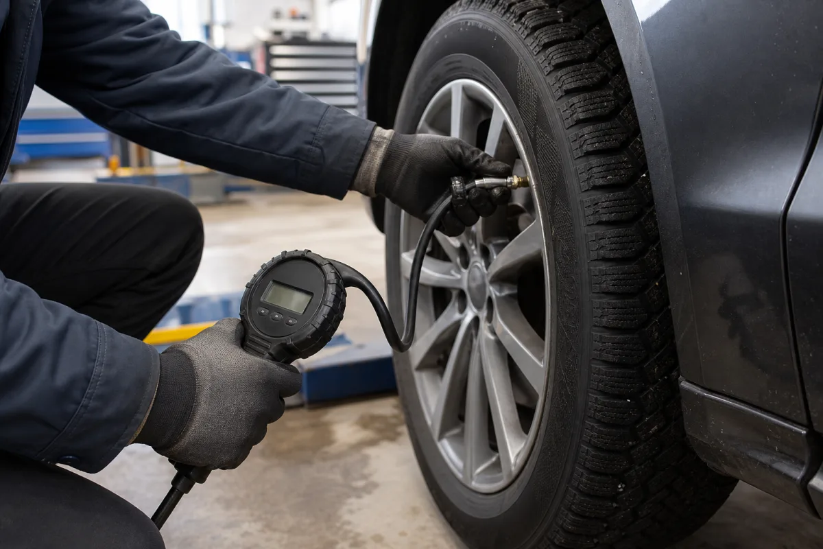 Mechanic checking a winter tire with a digital pressure gauge