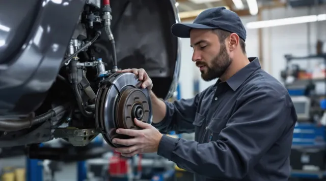 Technician inspecting a vehicle brake assembly
