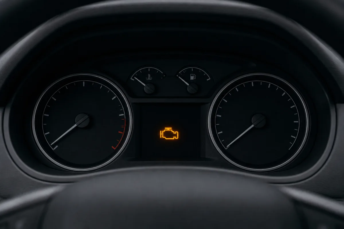 Amber check engine warning light on a car instrument cluster