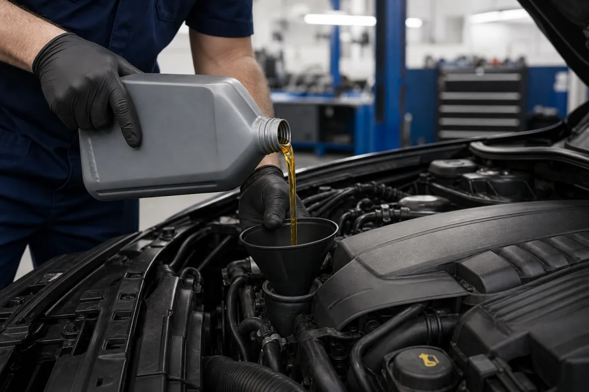 Automotive technician adding fresh engine oil through a funnel
